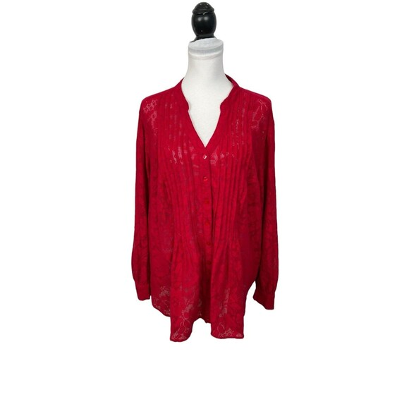 Style & Co Knit Top Blouse Plus Size 2X 3/4 Sleeves Mesh Pleated Red Work Top - Picture 8 of 10